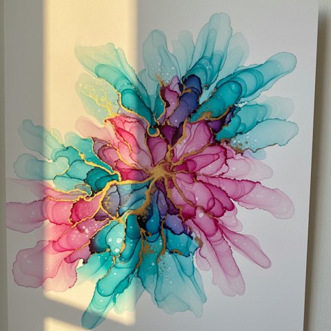 Vibrant abstract alcohol ink art on glossy Yupo paper in jewel tones