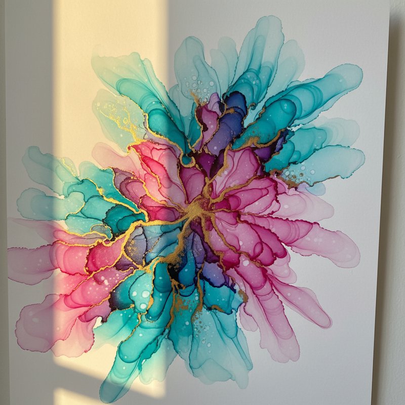 Vibrant abstract alcohol ink art on glossy Yupo paper in jewel tones