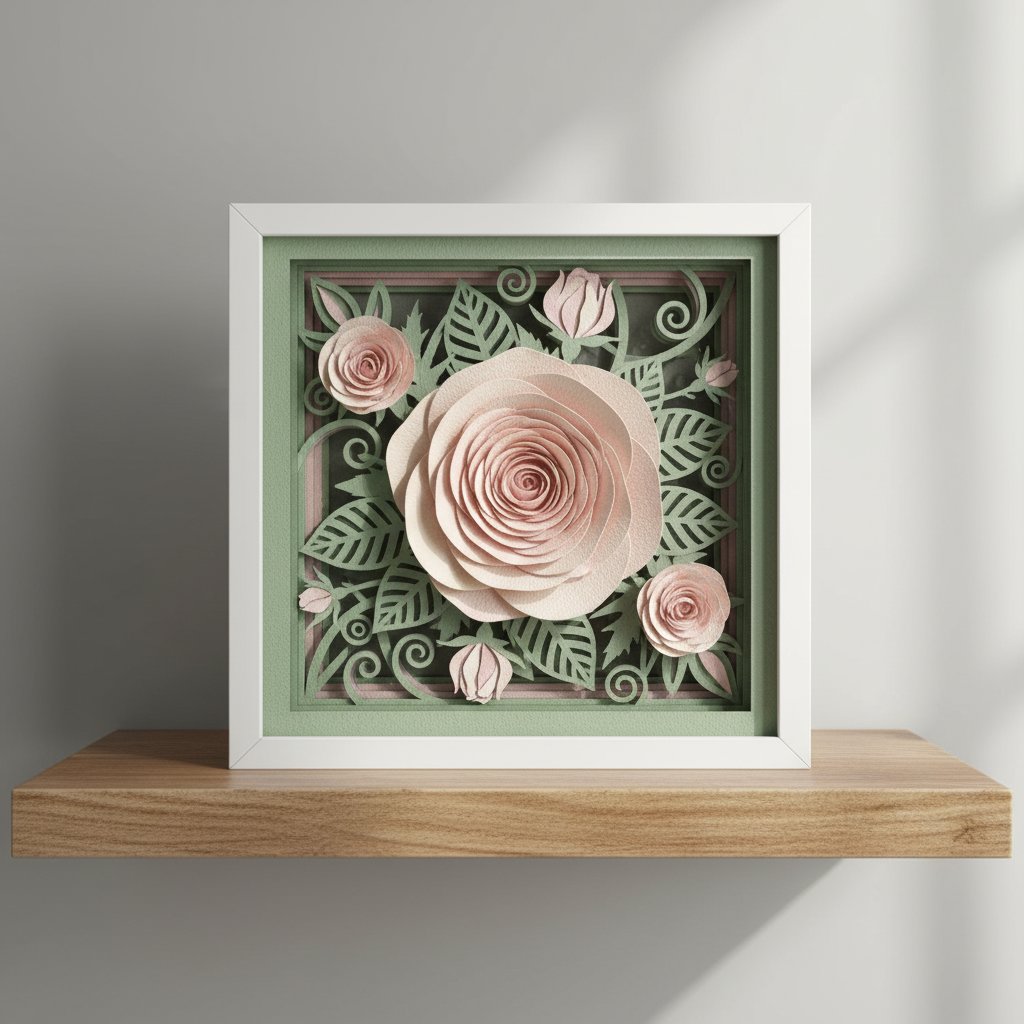 A finished layered paper shadow box of a blooming rose scene in a white frame on a shelf in daylight