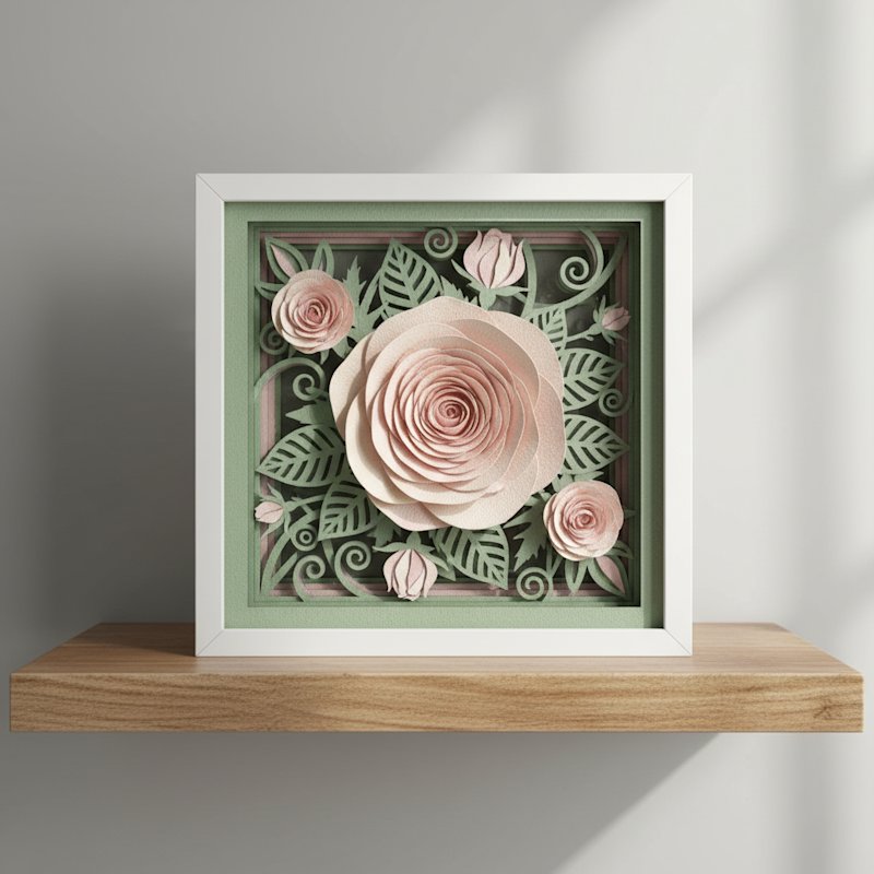 A finished layered paper shadow box of a blooming rose scene in a white frame on a shelf in daylight