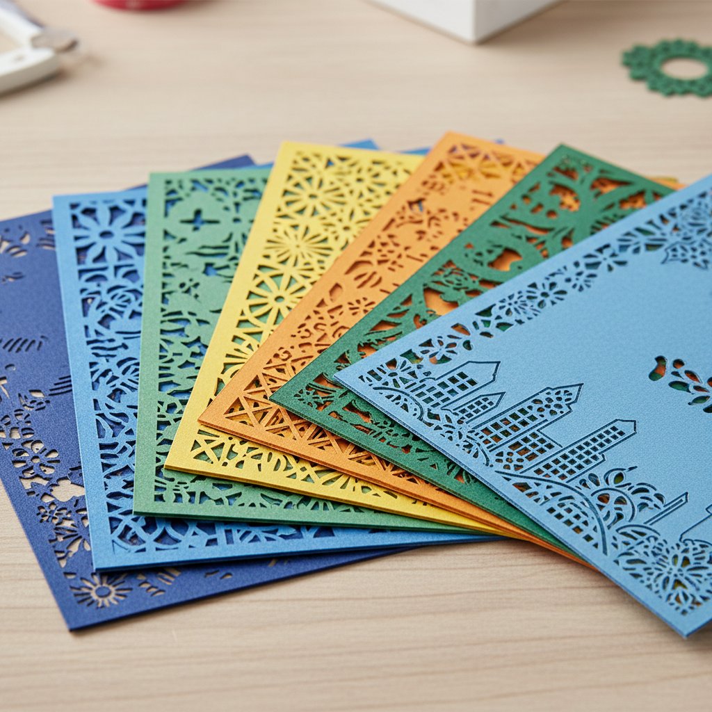 A fanned stack of freshly cut intricate cardstock shadow box layers in graduated colors on a craft table