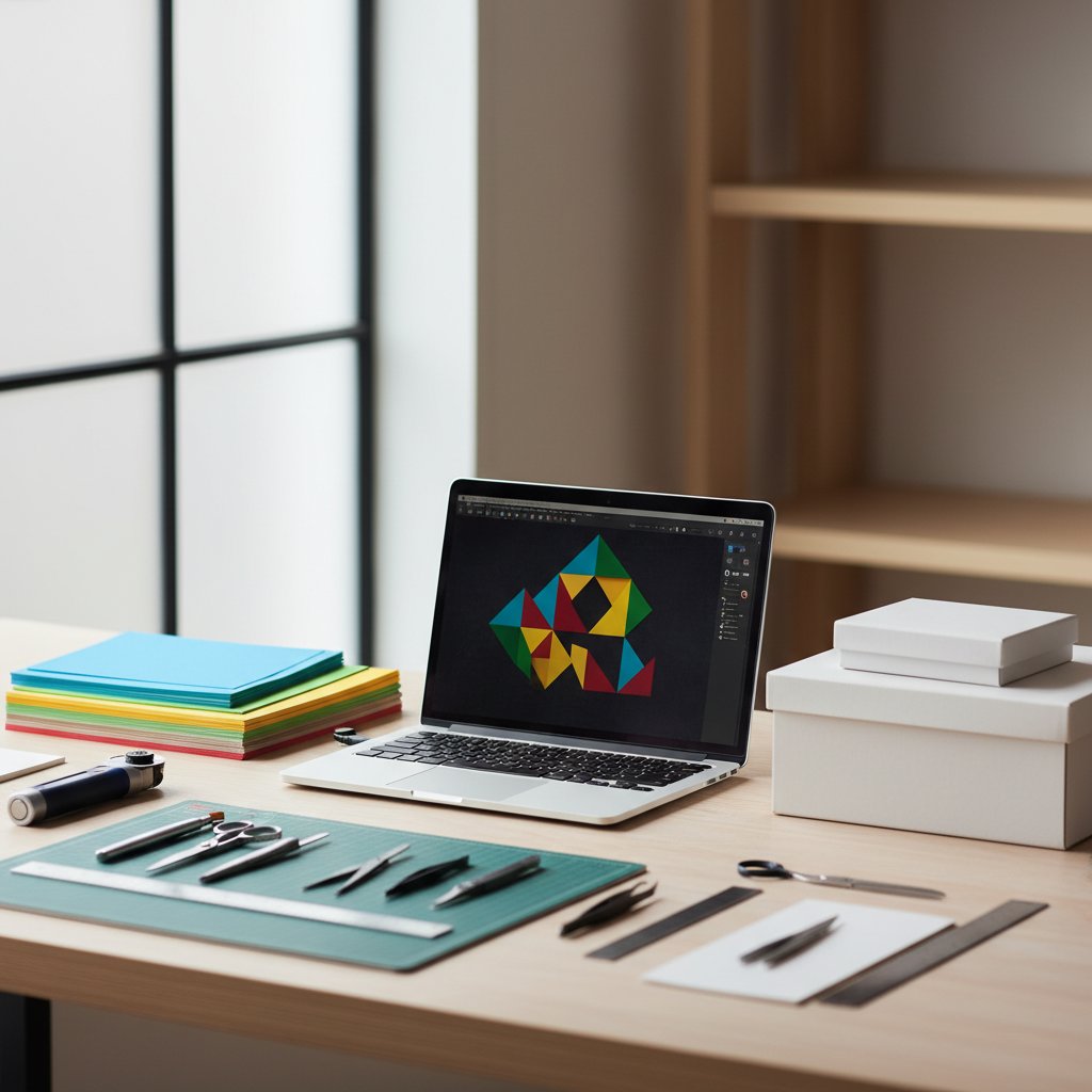 A tidy organized craft workstation with an open laptop showing a colorful abstract design, neat stacks of cardstock and plain storage boxes