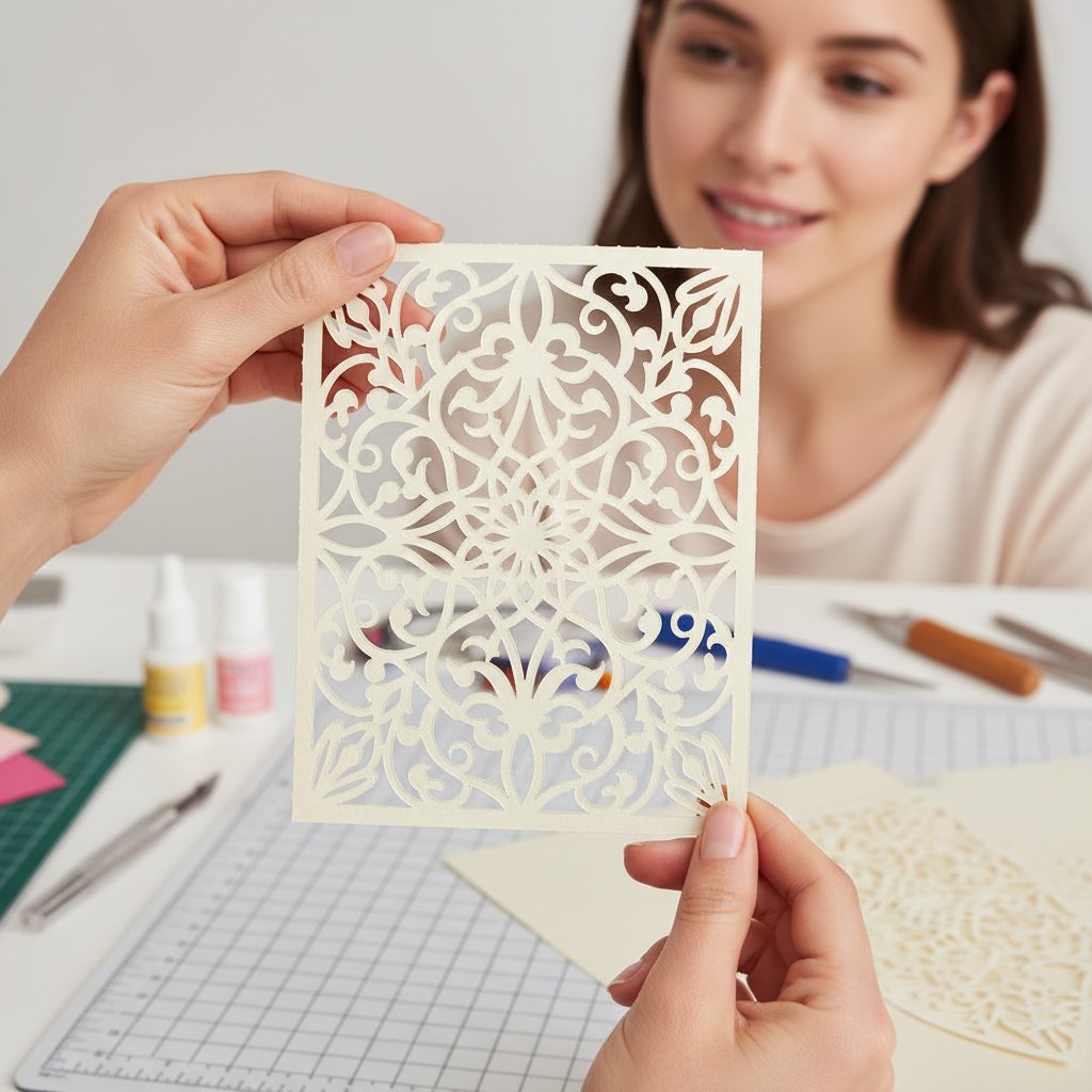 Crafter holding up a flawlessly clean-cut intricate cardstock design with crisp edges