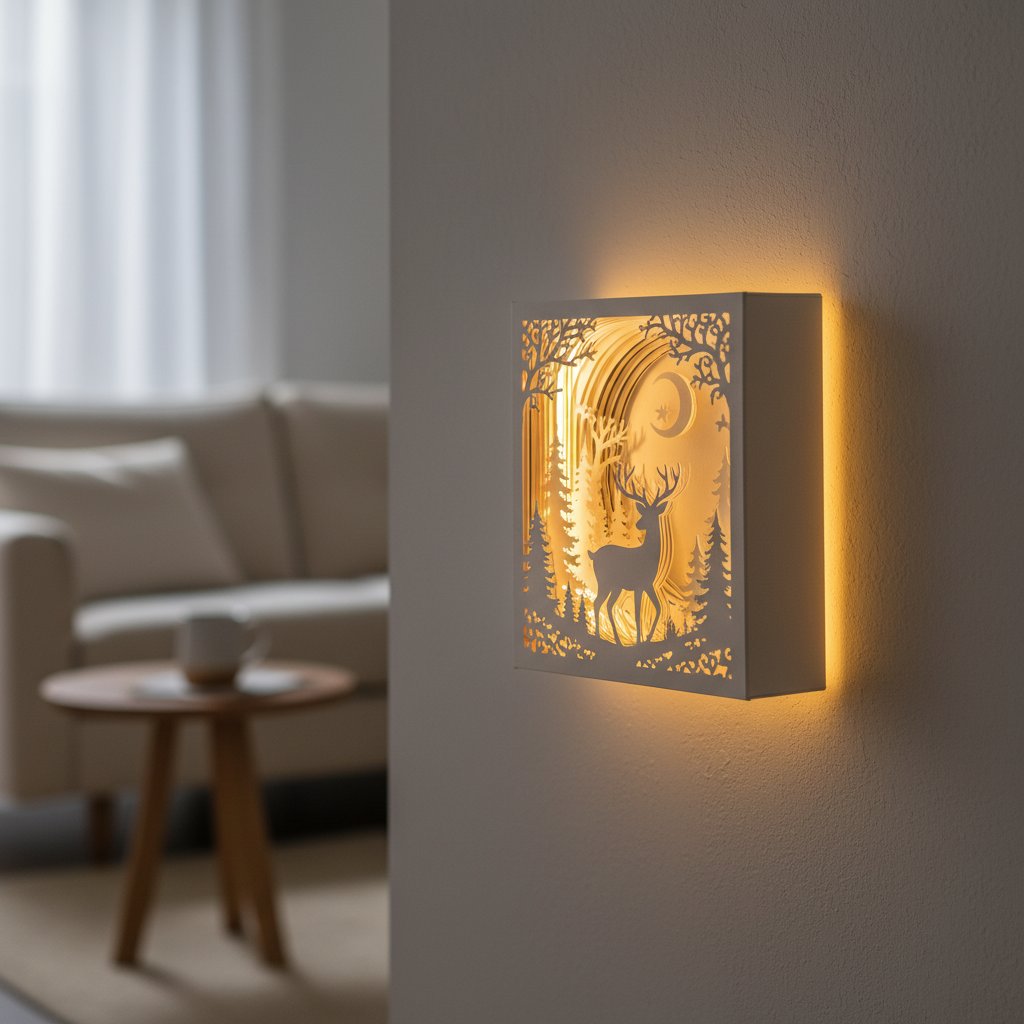 A finished illuminated layered paper shadow box hanging on a wall with warm LED backlight glowing through the layers