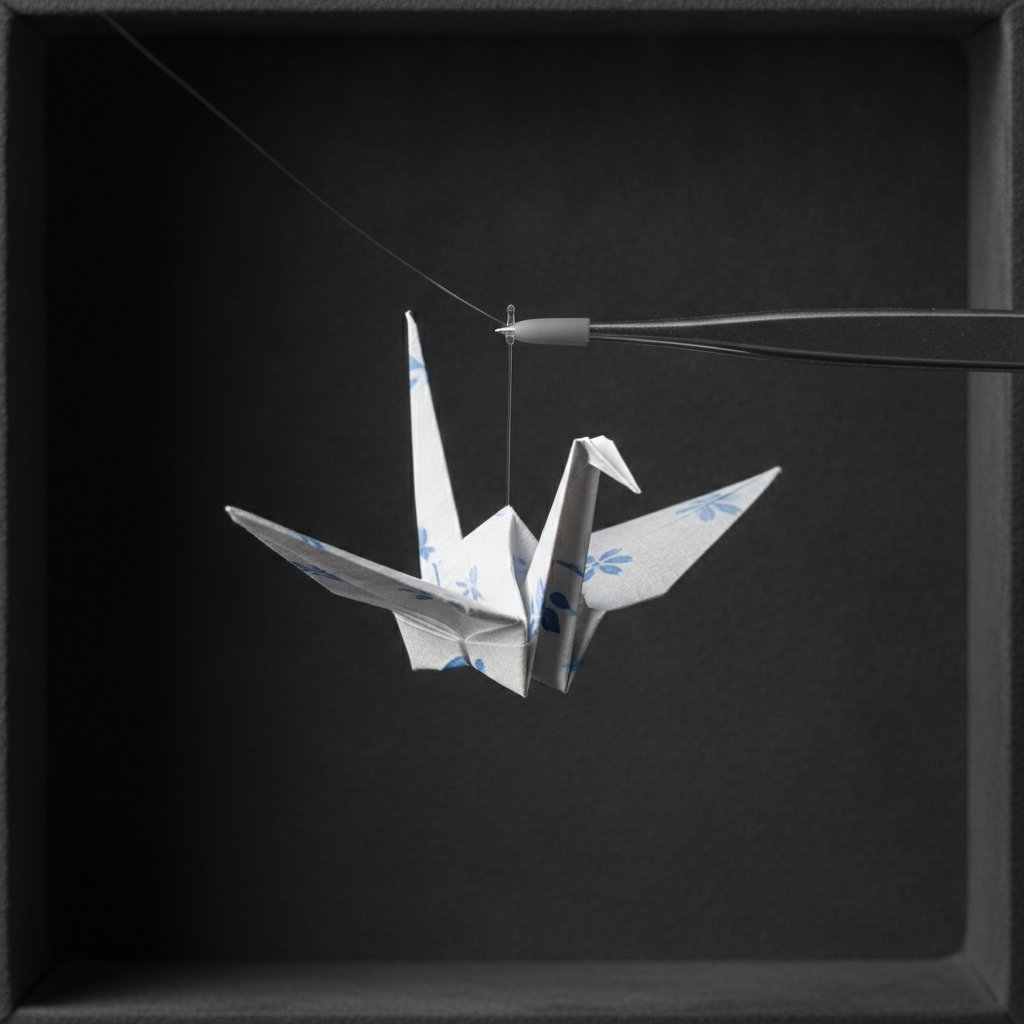 A folded paper crane suspended on thin clear fishing line being positioned with tweezers against a dark shadow box backing
