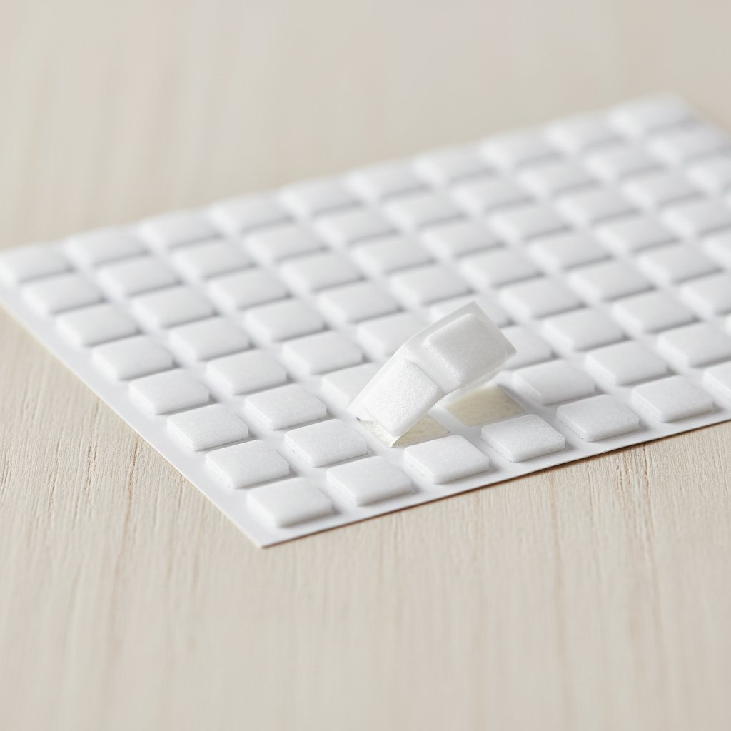 Sheet of small white square 3D foam adhesive dots with a few peeled off and lifted