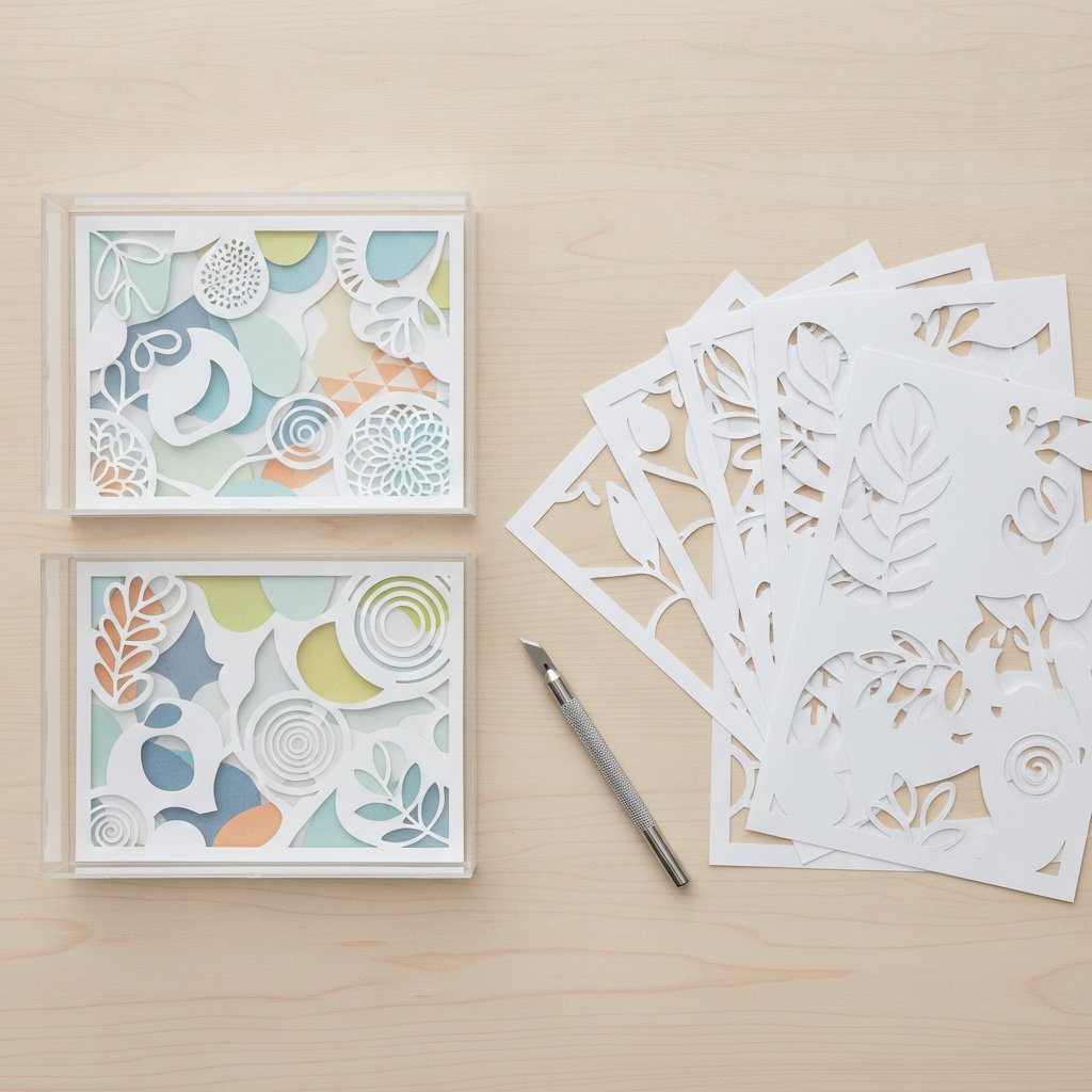 Printed shadow box design layer sheets alongside freshly cut paper layers spread on a wooden desk