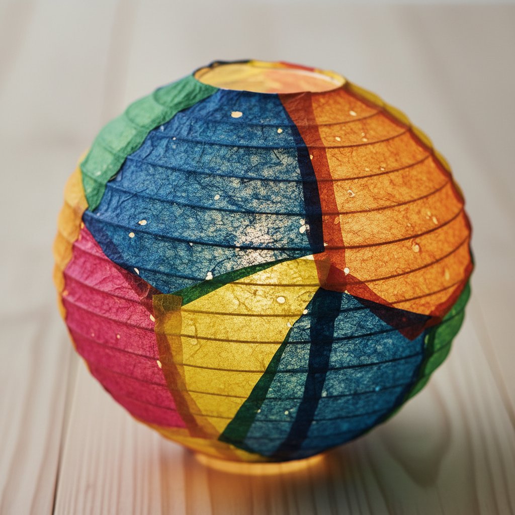 Handmade papier-mache paper lantern with layered tissue paper glowing from an LED inside
