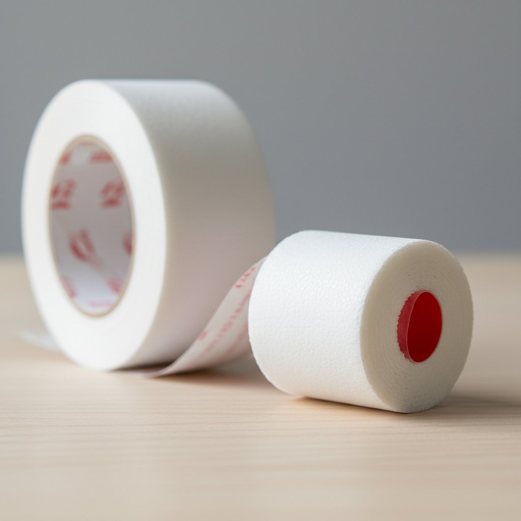 Roll of thick white double-sided foam mounting tape partially unrolled on a wood surface