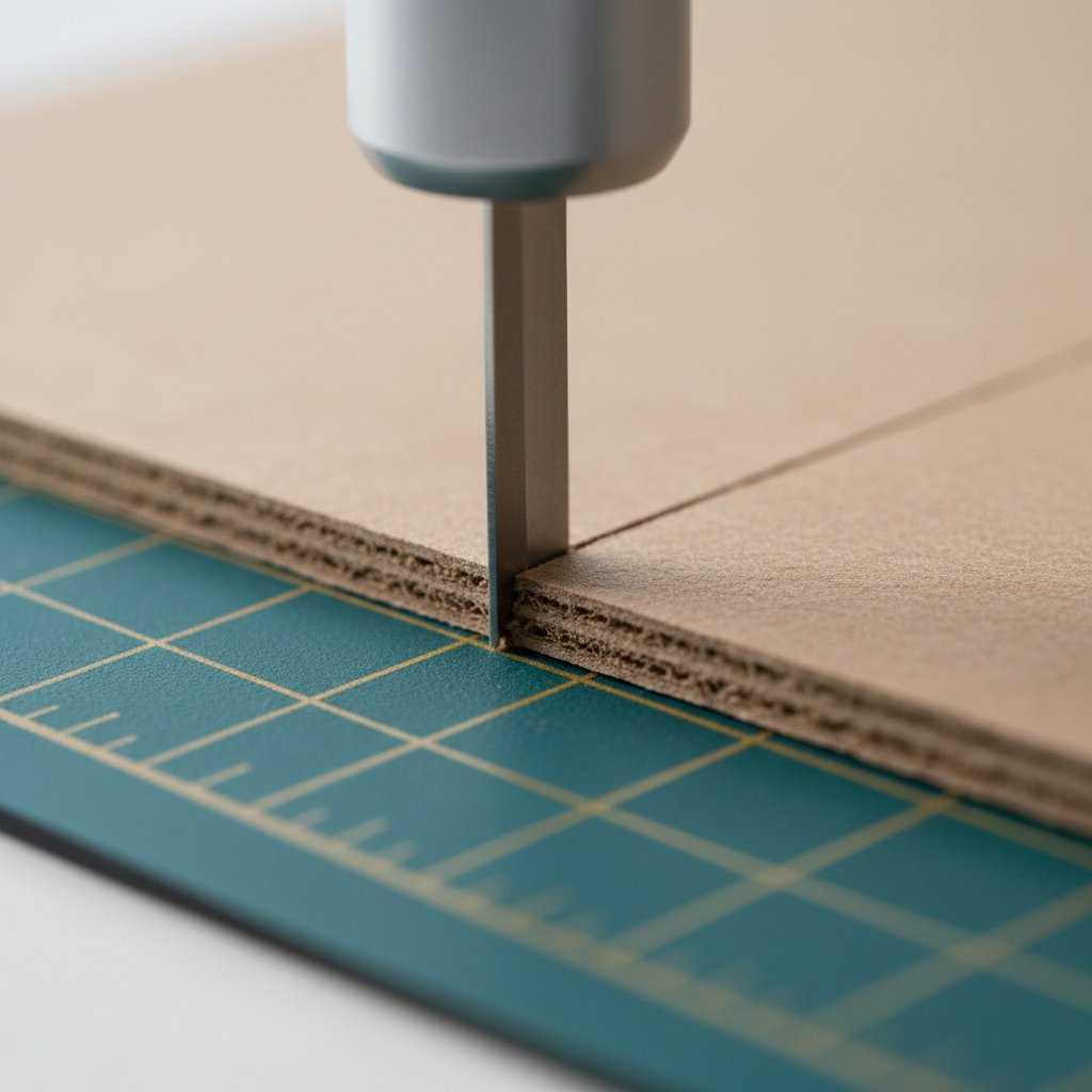 Cricut knife blade slicing through a thick sheet of heavy chipboard on a cutting mat