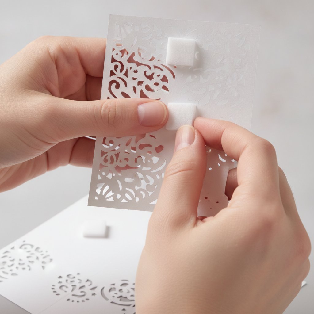 Hands applying adhesive foam squares to the back of a cut cardstock papercut layer