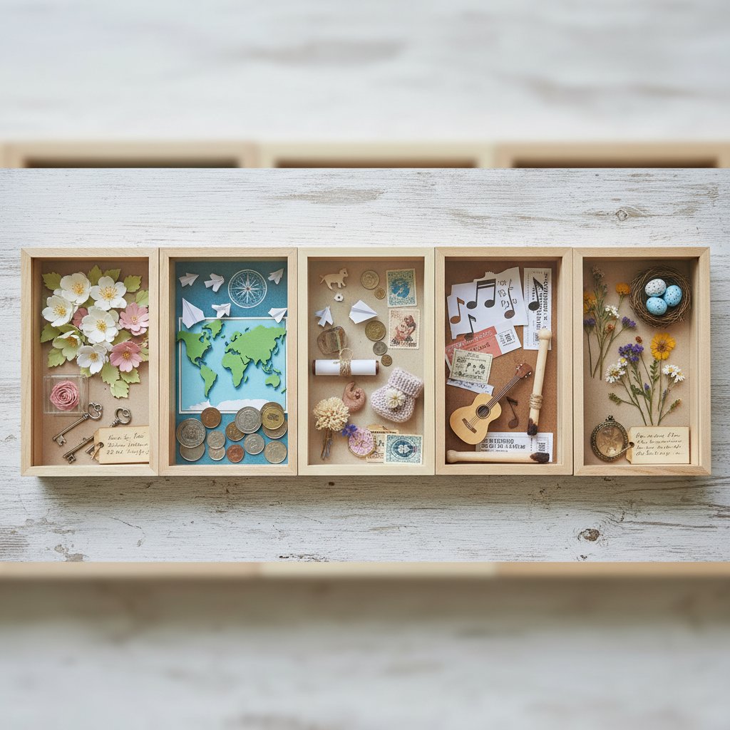 Overhead flat lay comparing several finished DIY shadow boxes of different themes in a row