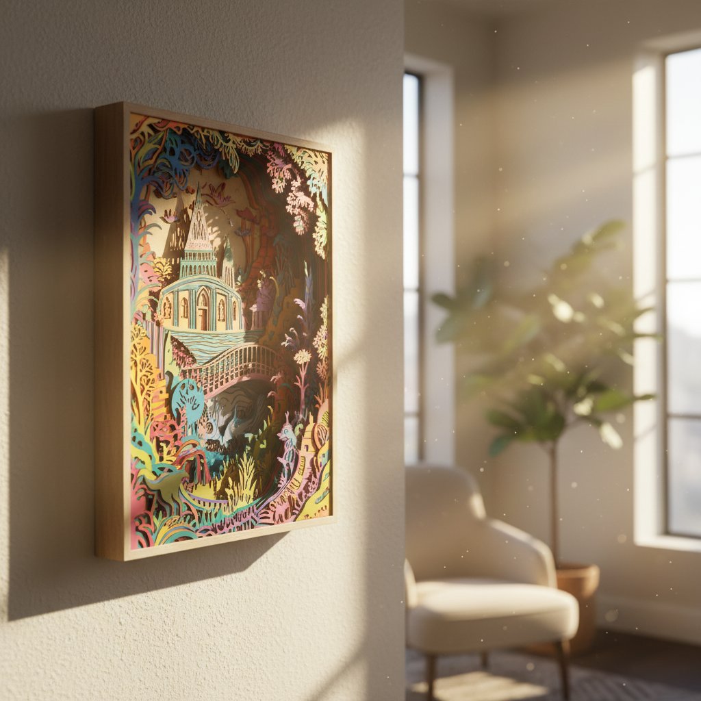Colorful layered paper shadow box on a wall struck by harsh direct sunlight from a nearby window, illustrating light fading risk