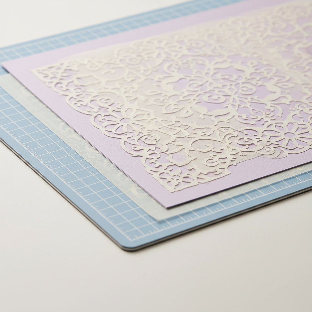 A light blue LightGrip cutting mat holding thin pastel cardstock with an intricate lace papercut design