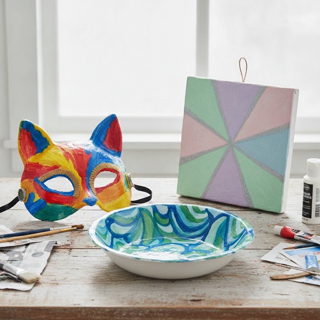 Three finished paper mache projects for beginners: a decorative painted bowl with organic patterns, a colorful animal mask, and a geometric wall sculpture