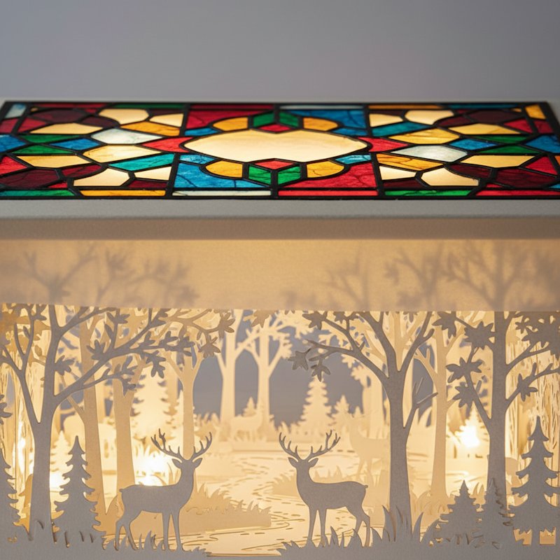 A layered paper shadow box with a translucent colored acetate stained-glass top and warm vellum-diffused backlight