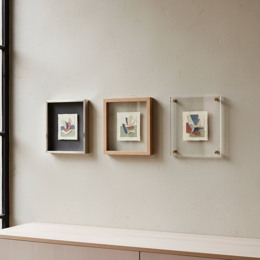 Three paper artworks displayed side by side in a floating frame, an open shadow box and a frameless acrylic mount for comparison