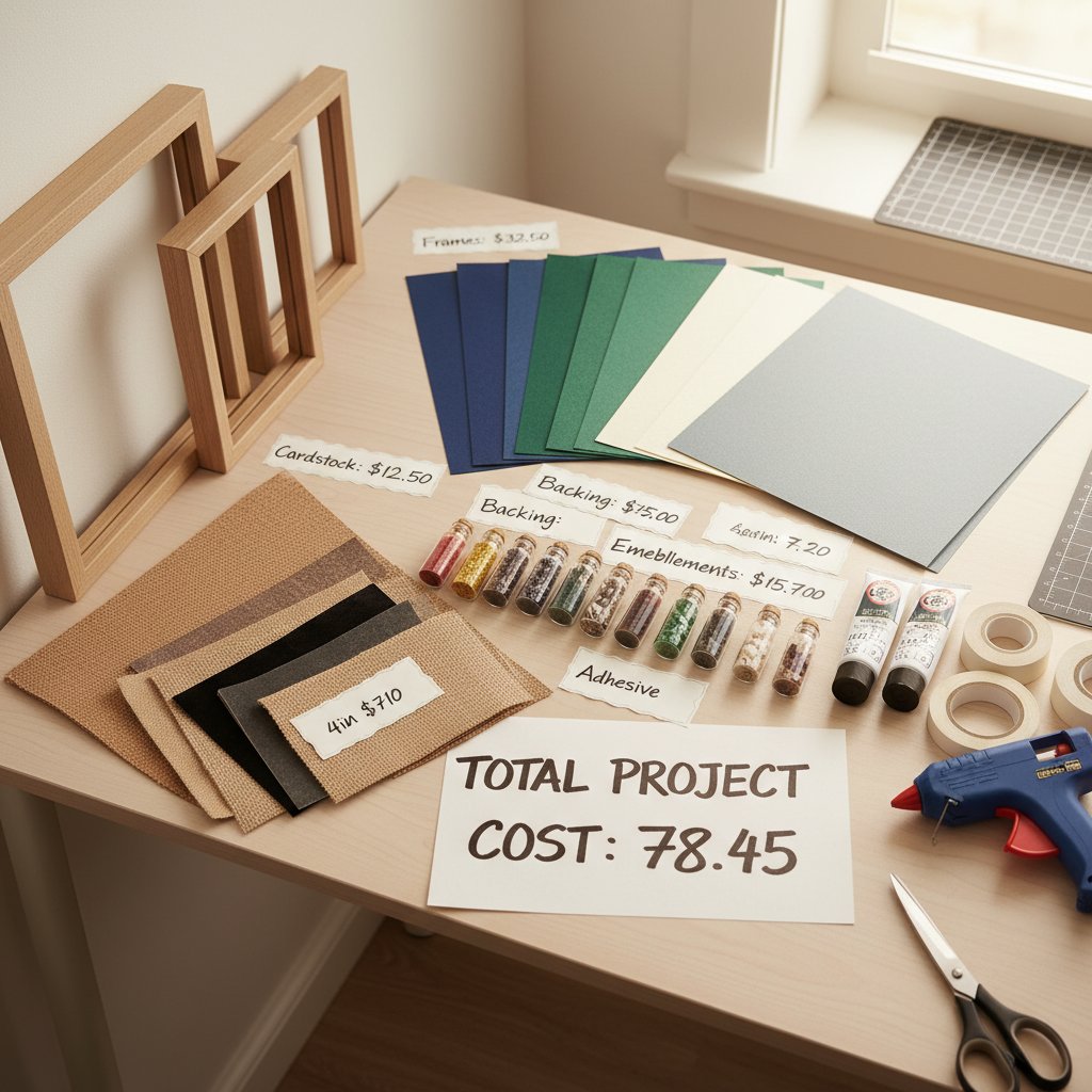 Shadow box project materials with cost breakdown labels including cardstock, frames, and adhesive