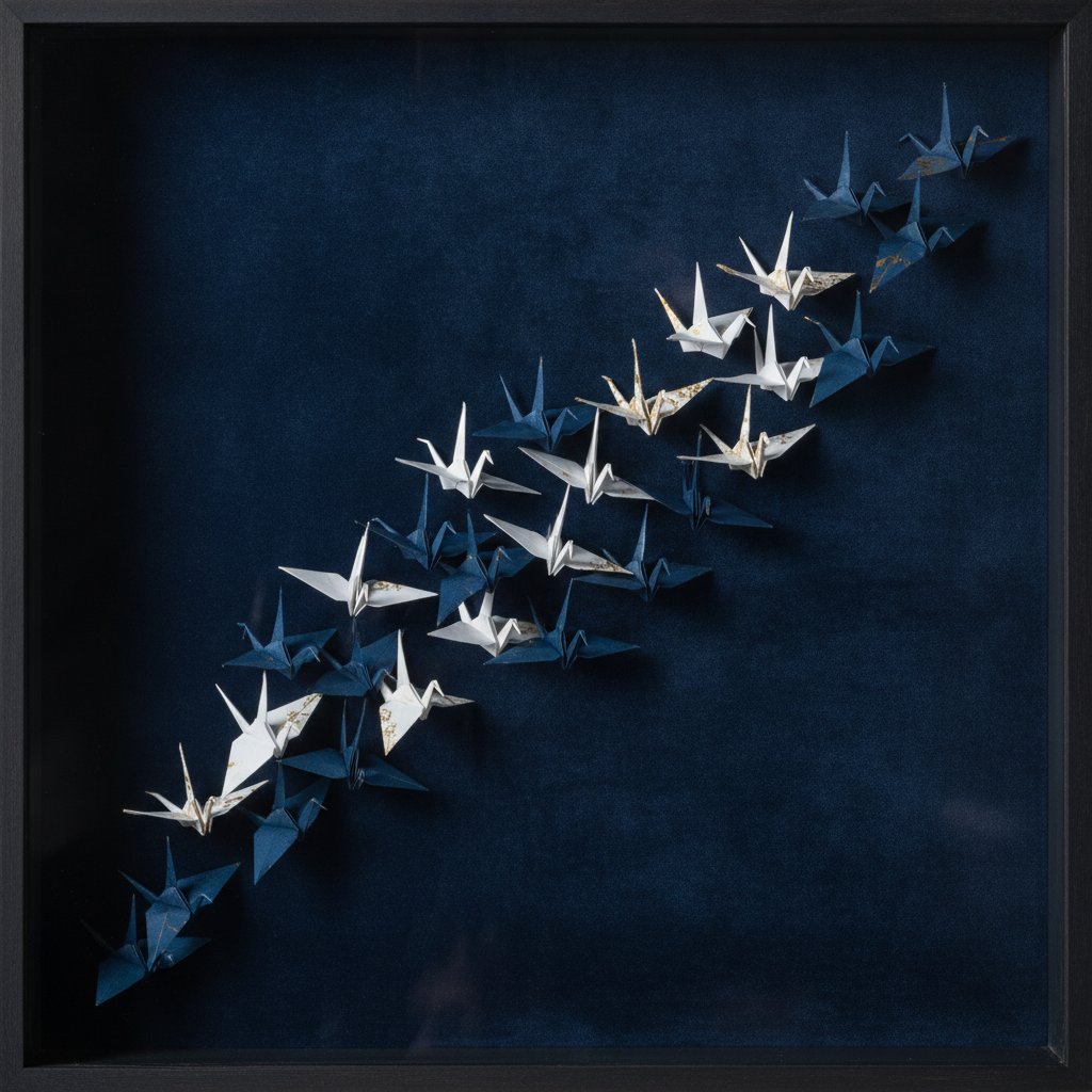 Finished paper crane constellation shadow box with white and blue folded cranes arranged in a sweeping diagonal across a deep navy background