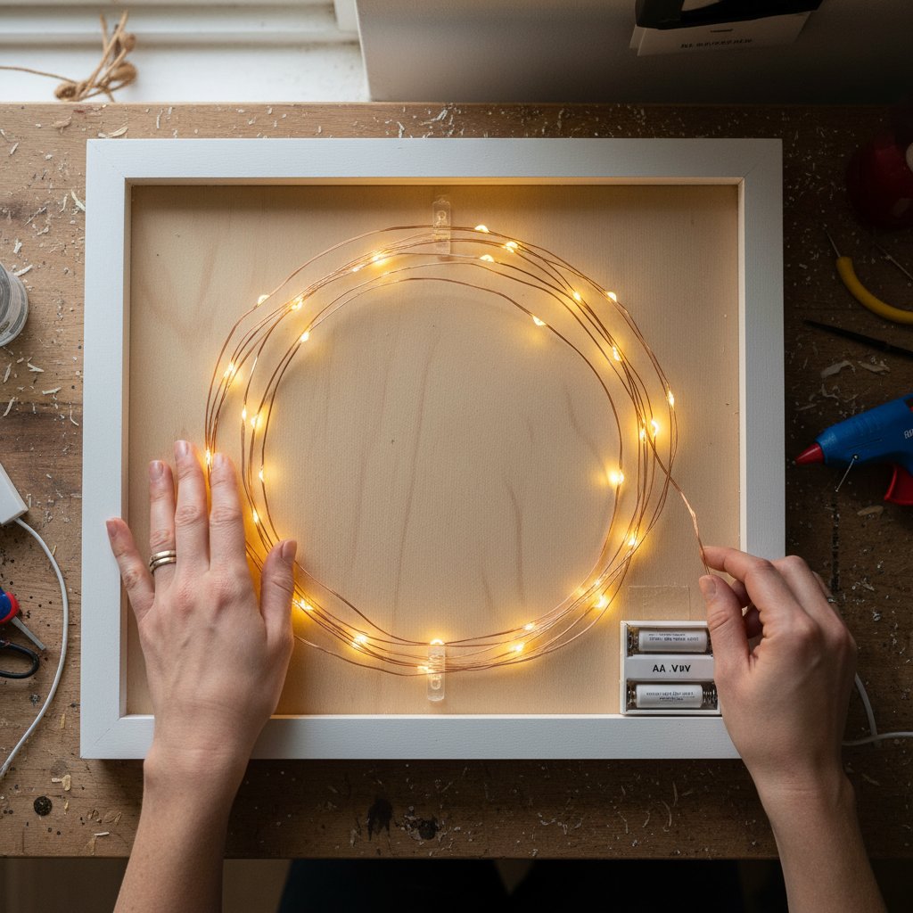 Hands installing LED fairy lights in shadow box frame showing battery pack placement and wire routing for safe installation