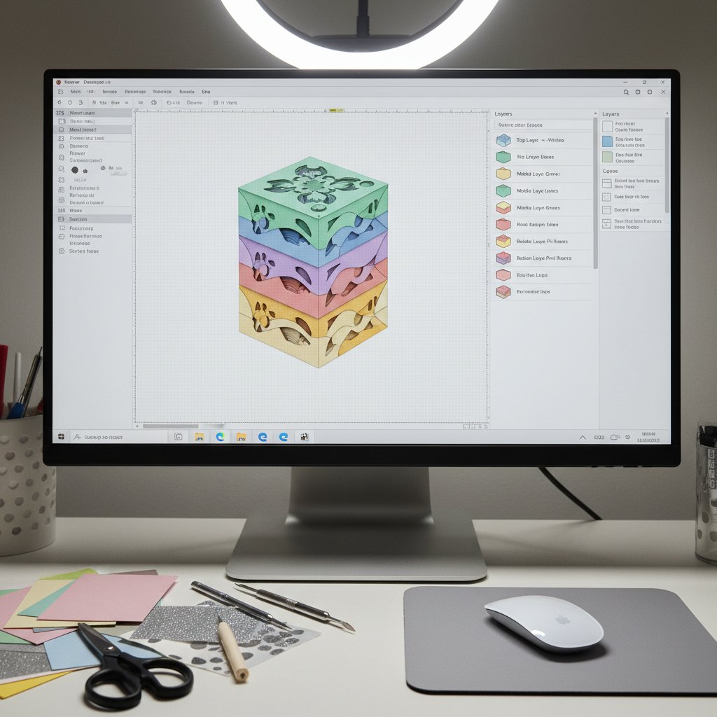 Cricut Design Space interface showing the Layers panel with multiple color-coded shadow box layers organized and ready for cutting