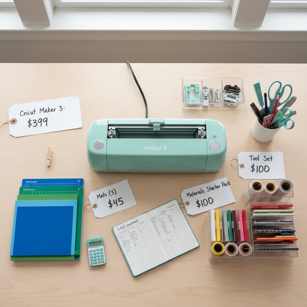 Cricut machine and tools with price tags showing initial investment costs for shadow box projects