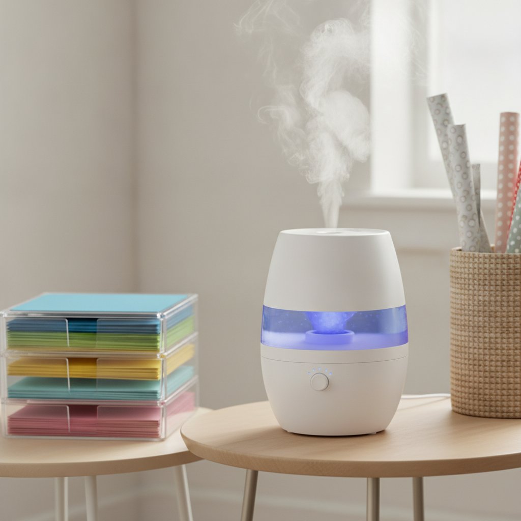 A cool-mist humidifier releasing a fine mist on a side table in a craft room with stored cardstock nearby