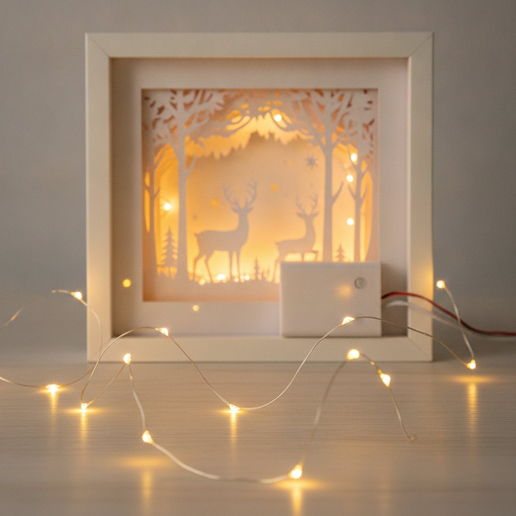 Battery-operated warm white LED fairy lights with battery pack tucked behind a papercut shadow box frame