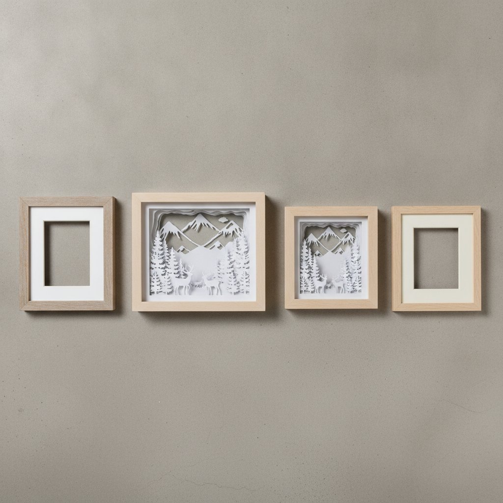 The same papercut shadow box design cut at two different sizes laid beside two empty frames of different sizes