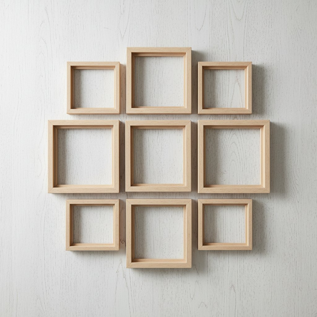 Overhead flat-lay of several empty shadow box frames in different footprints on a wood surface