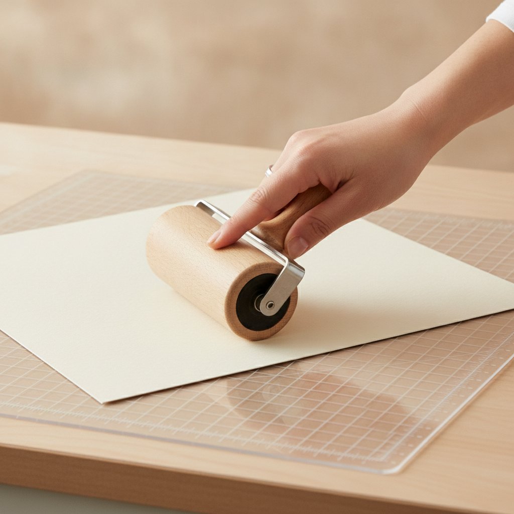 A hand smoothing a sheet of cardstock onto a cutting machine mat with a brayer roller before a Make It cut