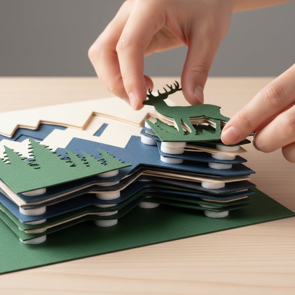 Partially assembled layered paper-cut shadow box stack with the next layer being lowered onto foam spacers