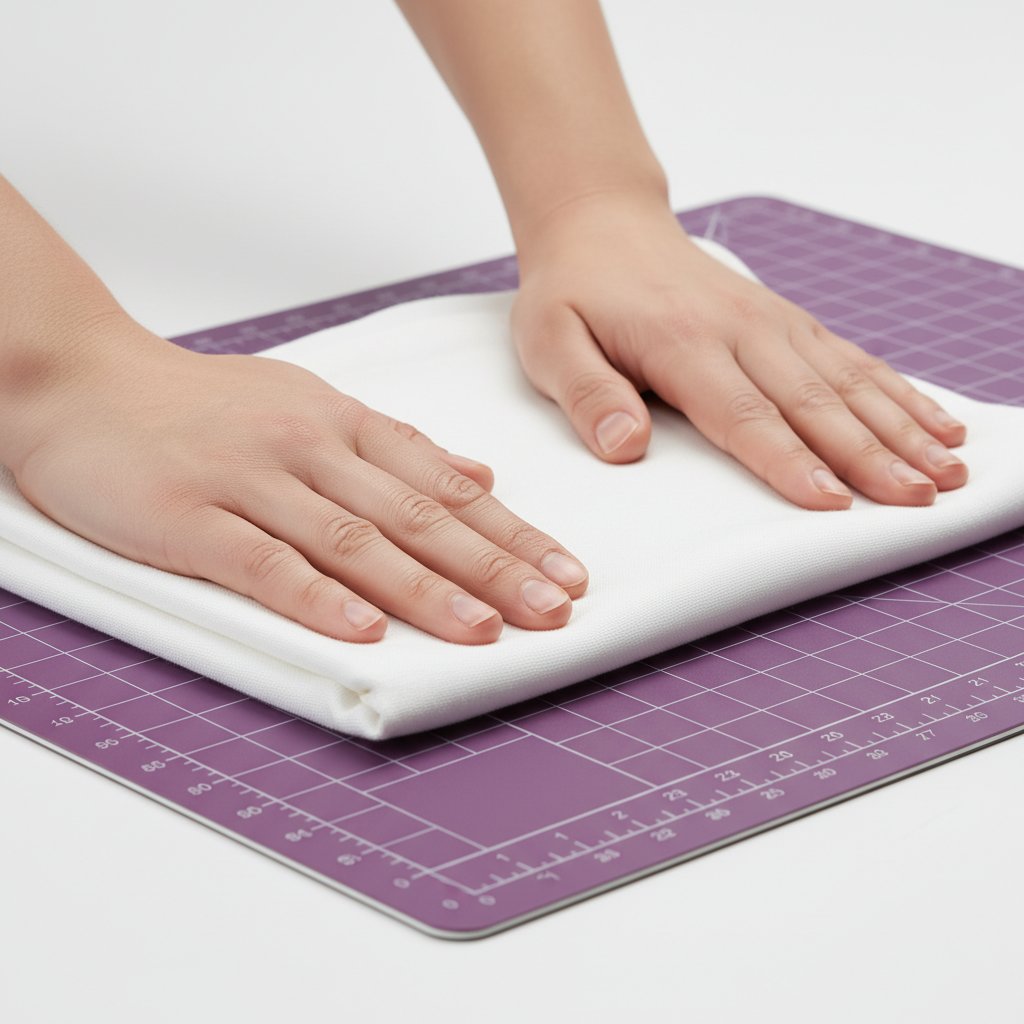 Hands pressing a clean cotton cloth onto a new purple cutting mat to reduce its tackiness