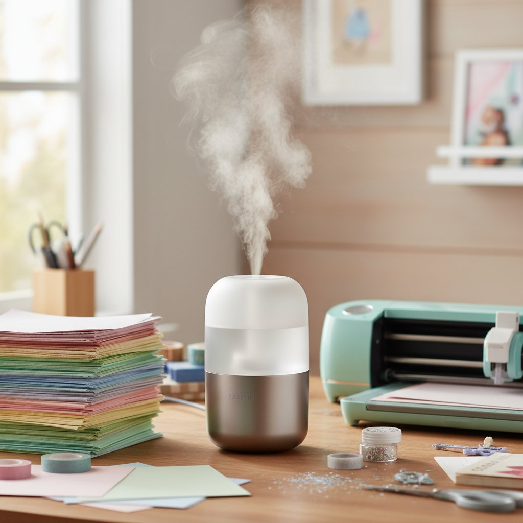 A small portable humidifier emitting mist on a craft desk beside stacks of cardstock and a cutting machine