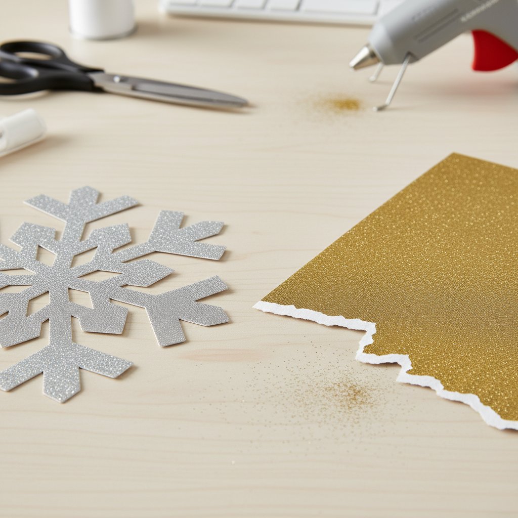 A cleanly cut silver glitter snowflake beside a gold glitter sheet with a rough torn incomplete edge on a craft desk