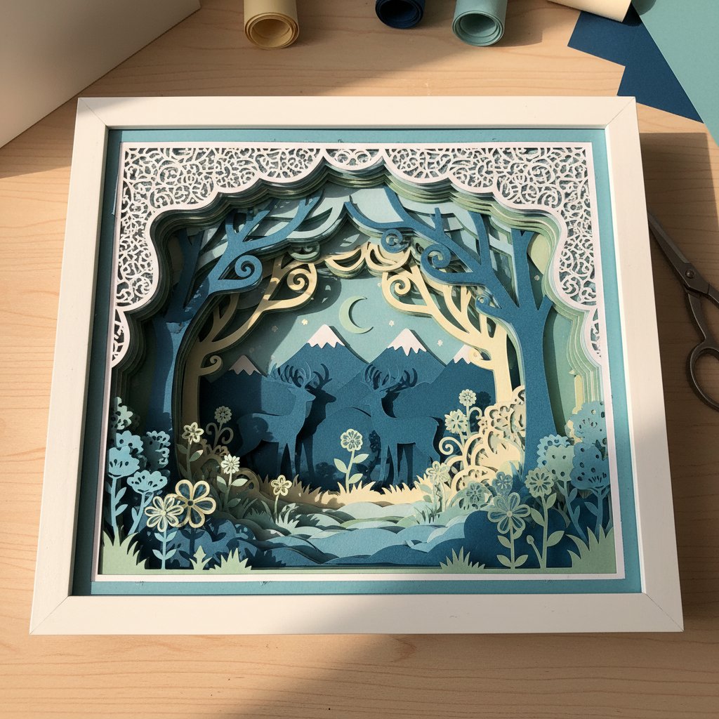 Layered paper art displayed in shadow box frame