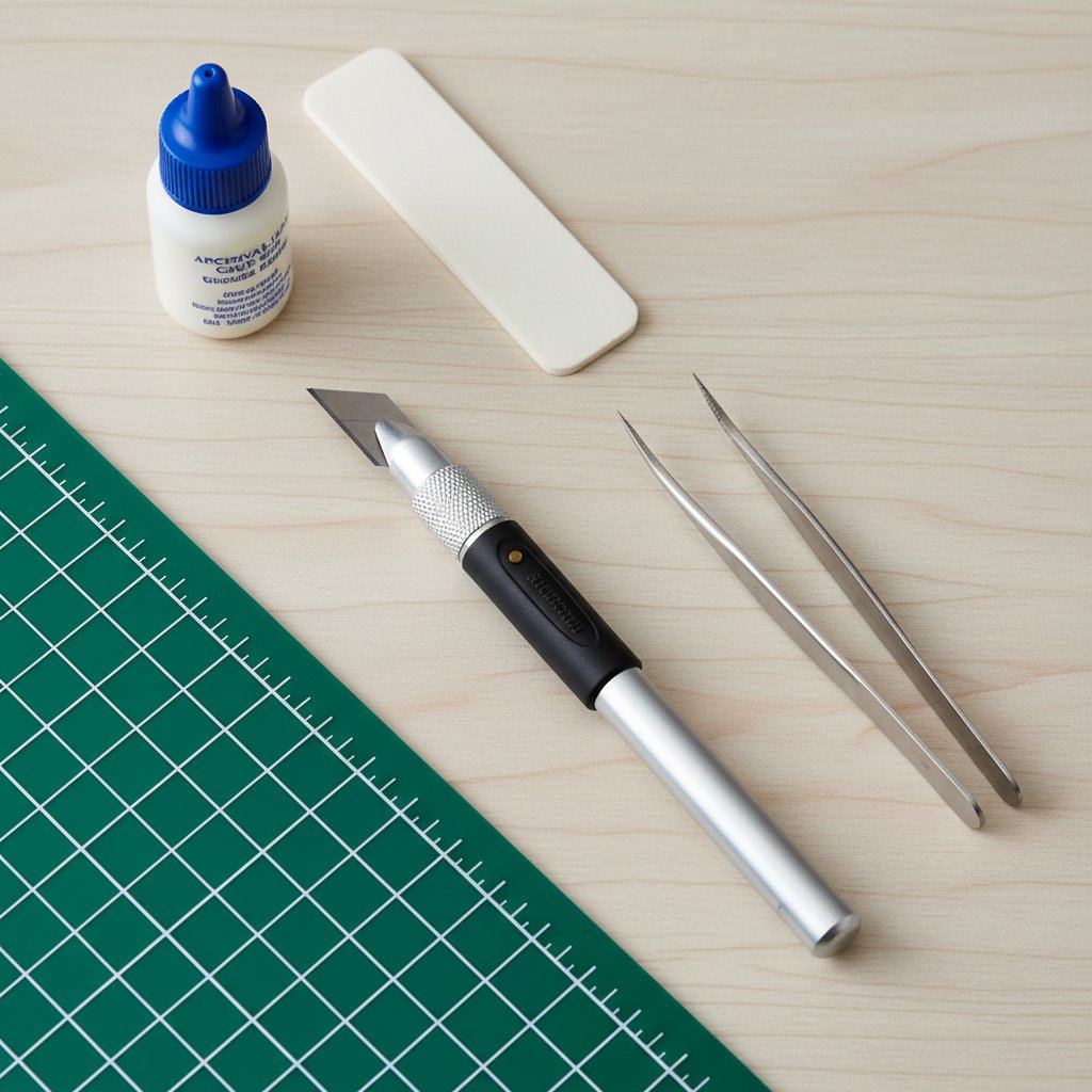 Paper-craft emergency repair toolkit with X-acto knife, tweezers, bone folder, archival glue and cutting mat