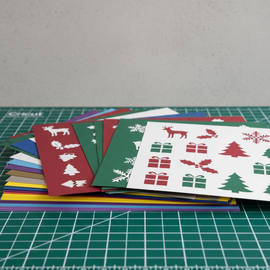 Colored cardstock sorted by layer on a Cricut mat with cut Christmas paper pieces arranged for assembly