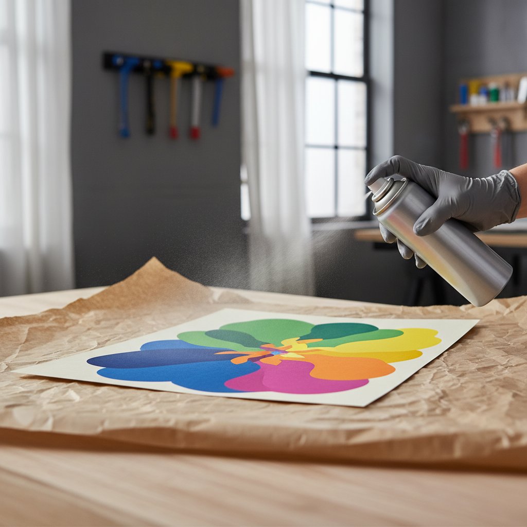 A gloved hand misting clear UV-protective spray over a colorful paper artwork laid flat on protective paper in a workshop