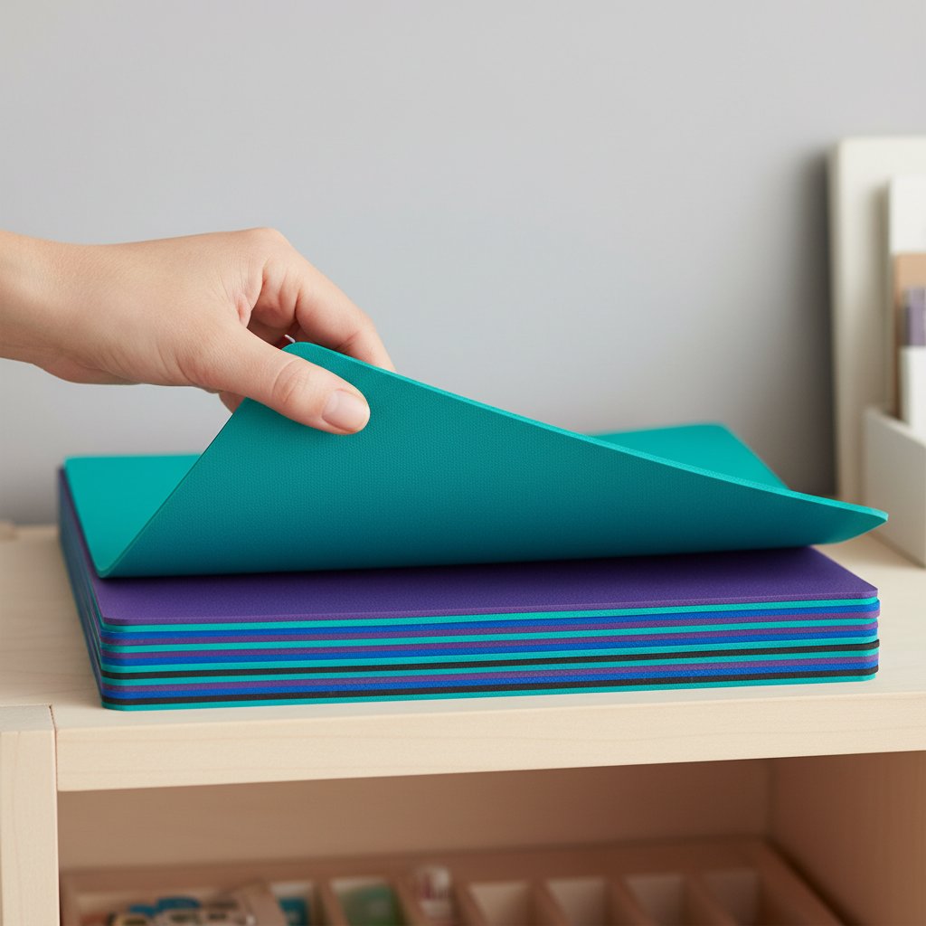 A hand selecting one cutting mat from a neat stack of blue green and purple mats on a craft shelf