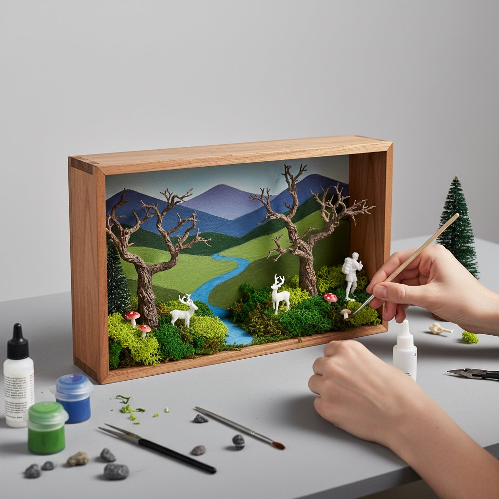 Building a nature scene diorama shadow box with miniature trees moss figurines and a layered background