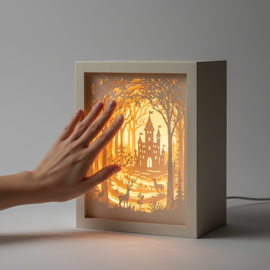 A hand gently touching the front glass of a glowing illuminated paper-cut shadow box to check it stays cool