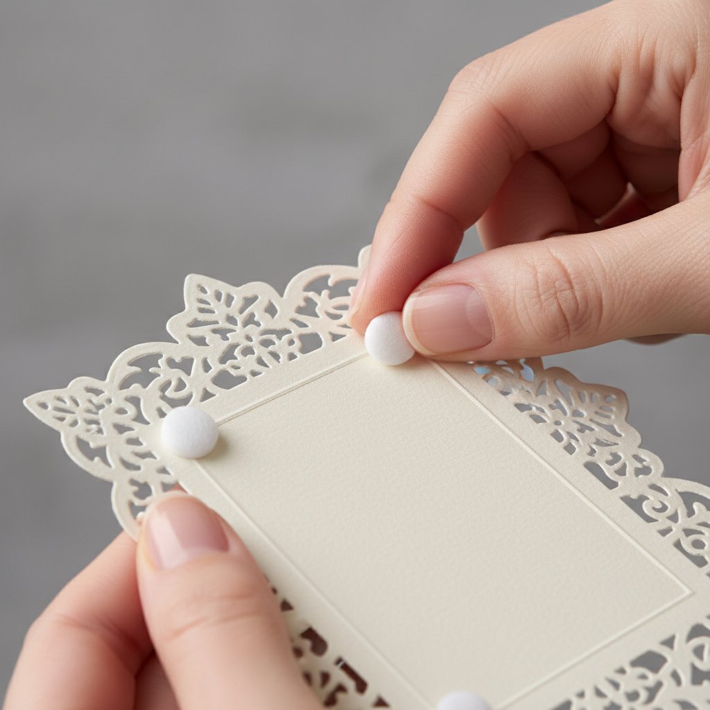 Close-up of fingers applying small white foam adhesive dots to the back of a cut cardstock layer