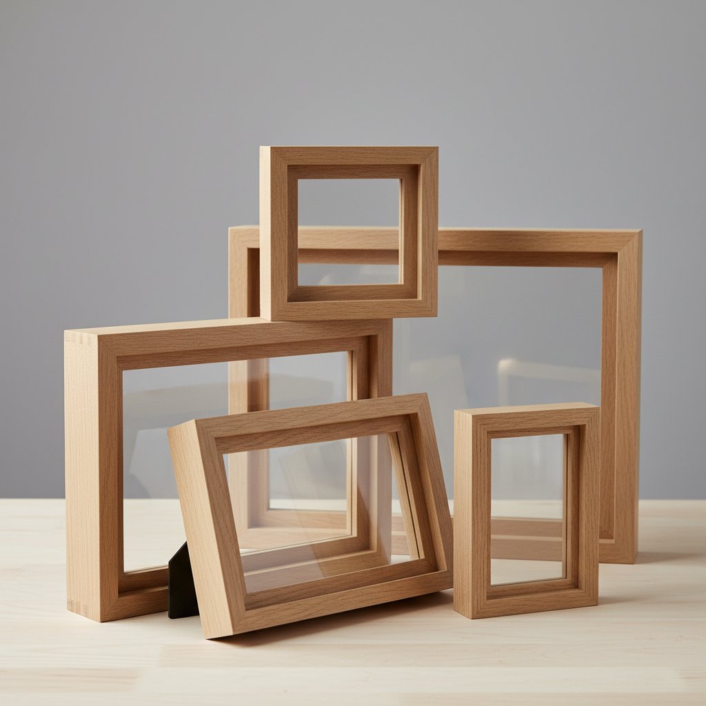 Empty shadow box frames of varying sizes and depths arranged on a wood surface
