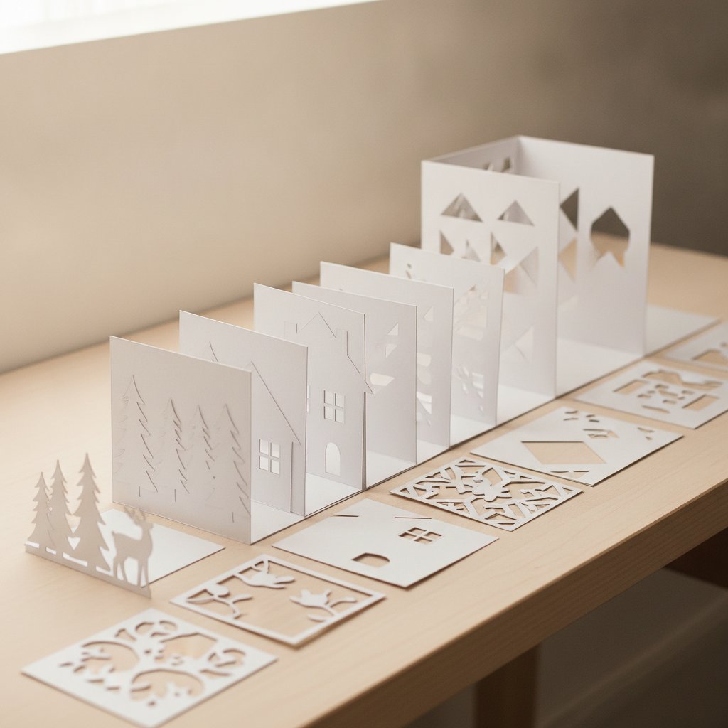 Neatly cut white cardstock shadow box layers organized in sequence across a workspace ready for stacking and assembly