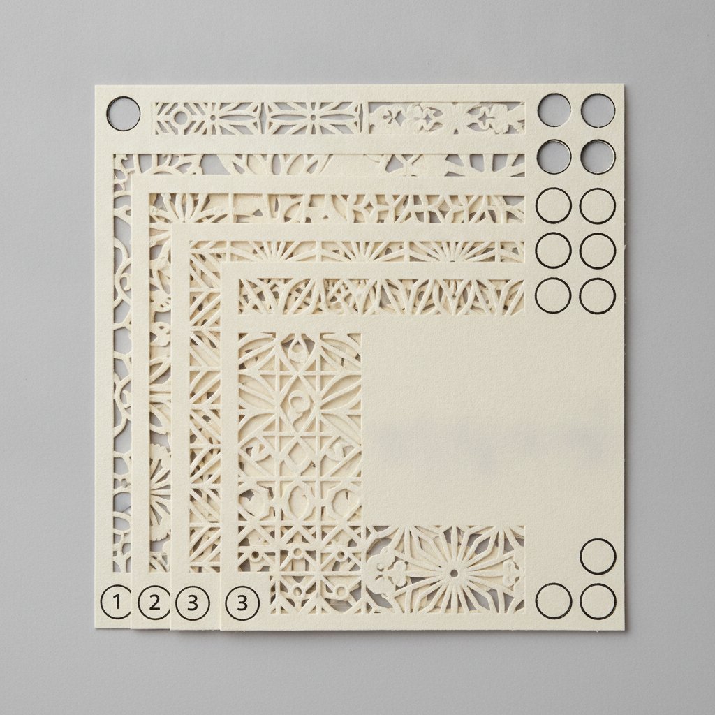 Cardstock papercut layers with corner number markers and punched registration holes stacked for alignment