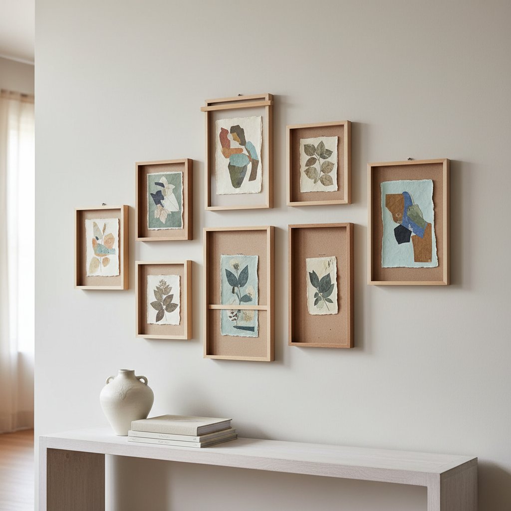 Styled gallery wall of paper artworks framed without glass in floating frames and open shadow boxes above a console table