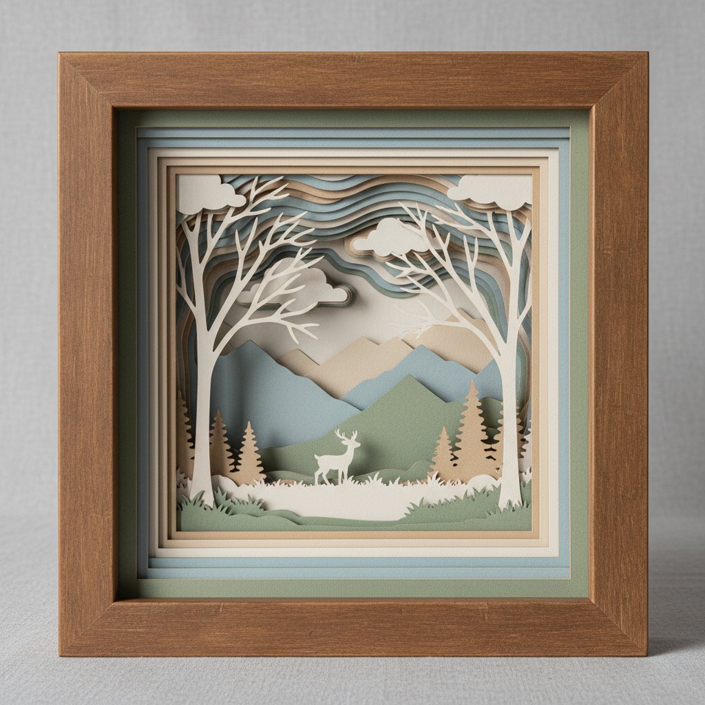 A finished assembled layered paper shadow box in a deep frame showing dramatic dimensional depth
