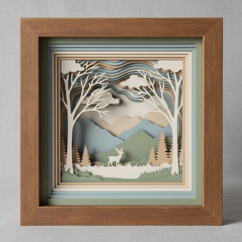 A finished assembled layered paper shadow box in a deep frame showing dramatic dimensional depth