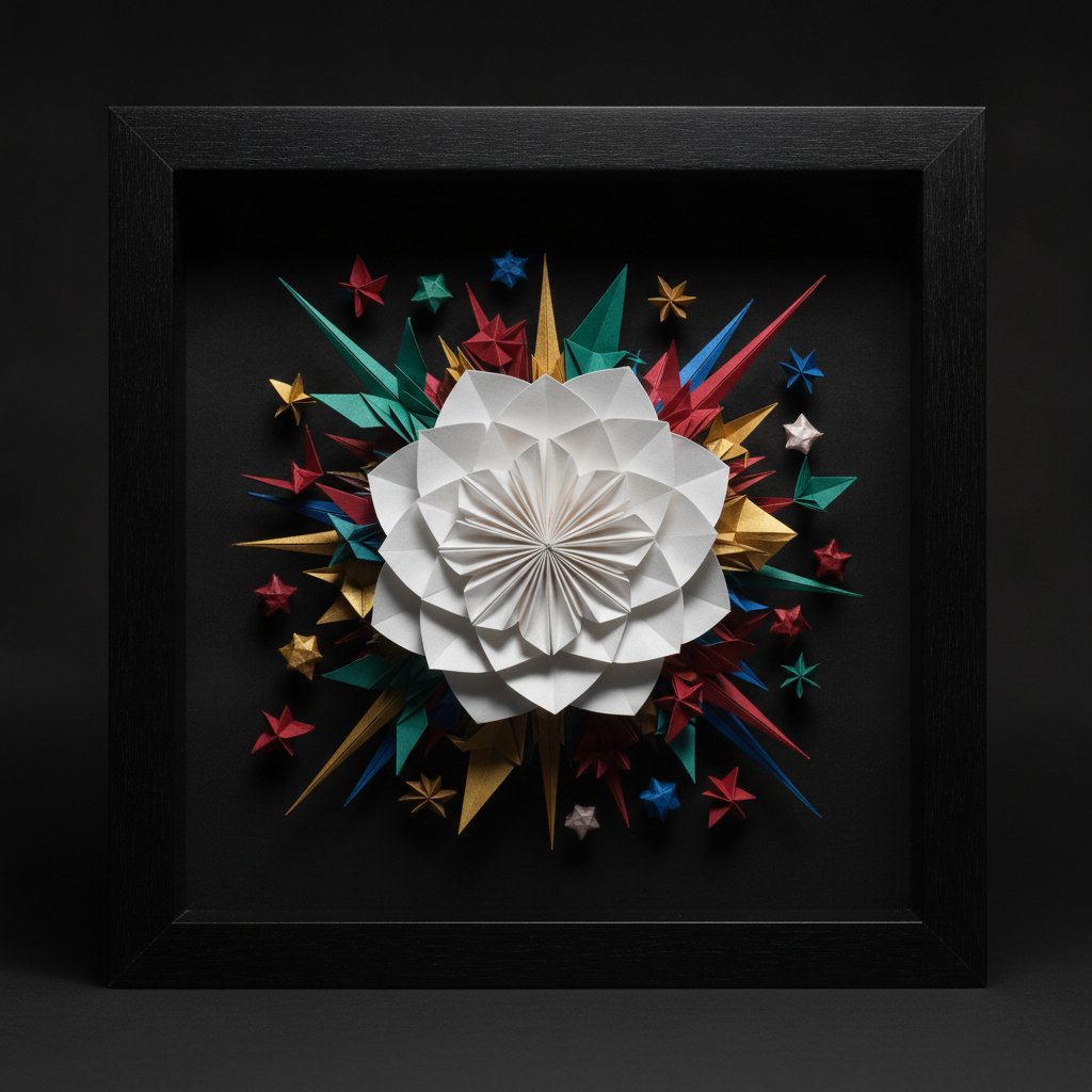 Origami shadow box composition with a central folded paper flower surrounded by smaller elements radiating outward in a burst pattern